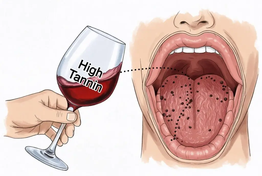 Diagrama da sensação do Tanino: a reação do tanino com a saliva e o efeito de adstringência.