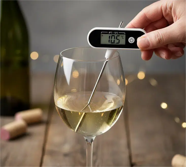 Termômetro digital medindo a temperatura do vinho branco (8°C a 12°C).