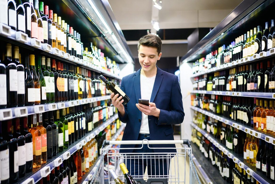 Comprar Vinho Barato: Consumidor inteligente escolhendo rótulos de custo-benefício no supermercado.