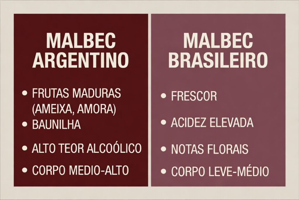 Infográfico: comparação entre Malbec Brasileiro (acidez e frescor) e Malbec Argentino (fruta e corpo).
