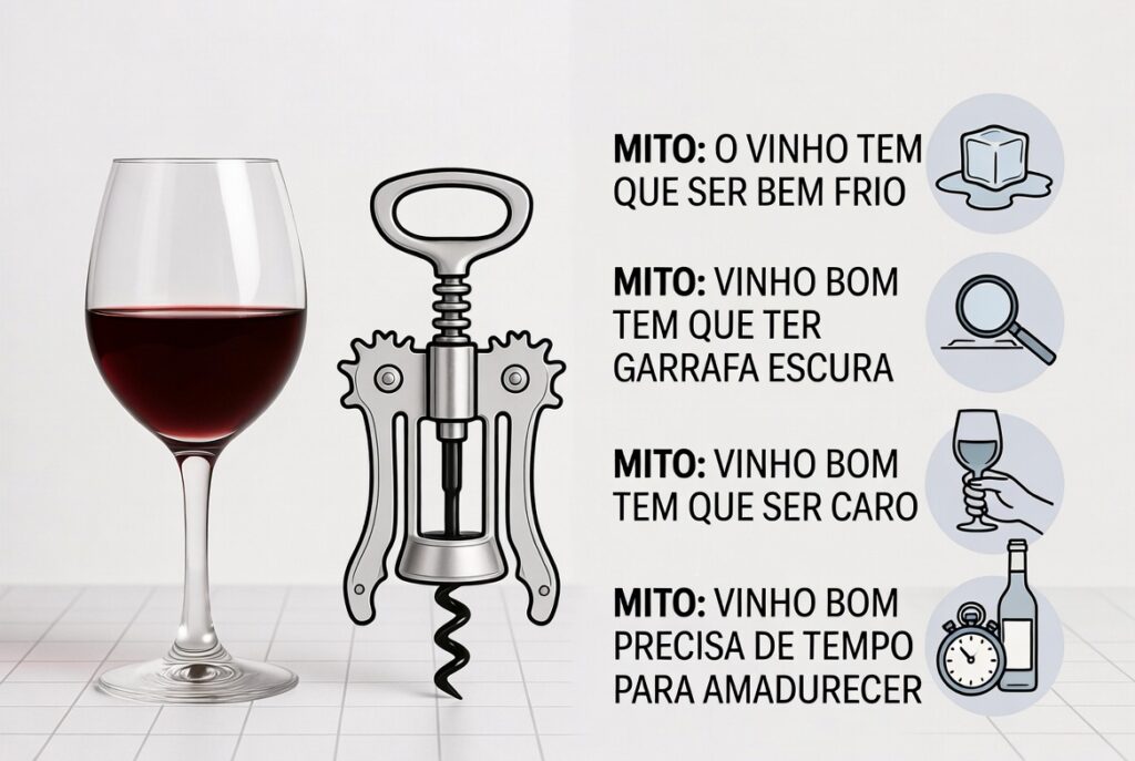 Mitos e Curiosidades sobre Vinho: ilustrações sobre decanter, taças e a temperatura de serviço.