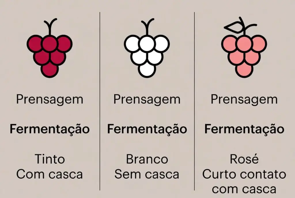 Diagrama simplificado de como é feito o vinho: as diferenças entre a produção de vinho tinto, branco e rosé.