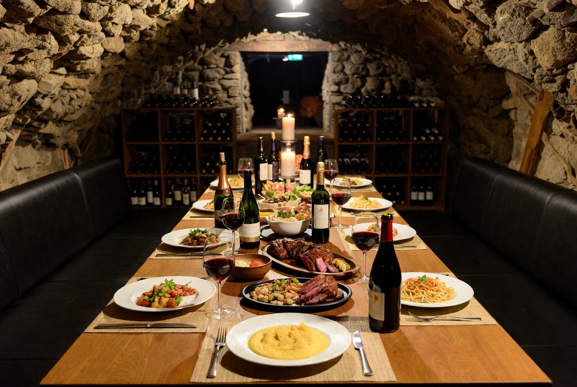 Vinícolas com Almoço: Mesa farta de gastronomia italiana harmonizada com vinhos em uma cave na Serra Gaúcha.