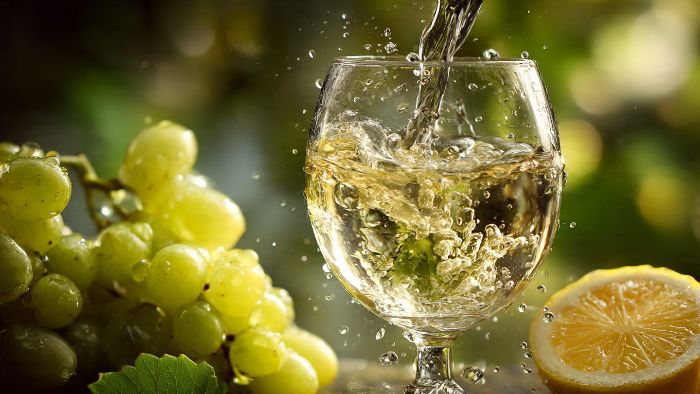 Acidez do Vinho: Taça de vinho branco refrescante ilustrando o conceito de frescor e vitalidade.