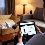 Comprar Vinho online: consumidor navegando em site de vinhos com garrafas entregues em casa.