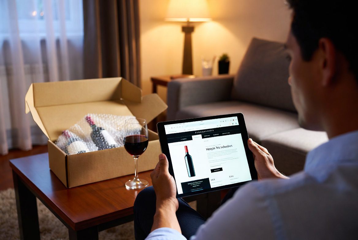 Comprar Vinho online: consumidor navegando em site de vinhos com garrafas entregues em casa.