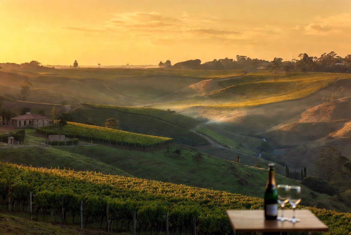 Enoturismo no Brasil: Vista panorâmica dos vinhedos no Vale dos Vinhedos, Serra Gaúcha.