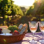 Piquenique Vinícola: Cesta gourmet com queijos, pães e vinho rosé em meio aos vinhedos