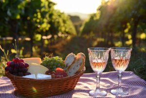 Piquenique Vinícola: Cesta gourmet com queijos, pães e vinho rosé em meio aos vinhedos
