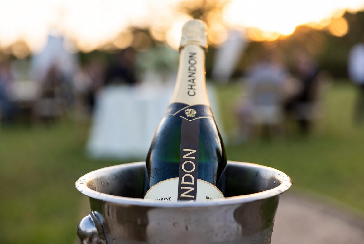 Chandon Brut Nacional: Garrafa de espumante Réserve Brut resfriada em balde de gelo para serviço