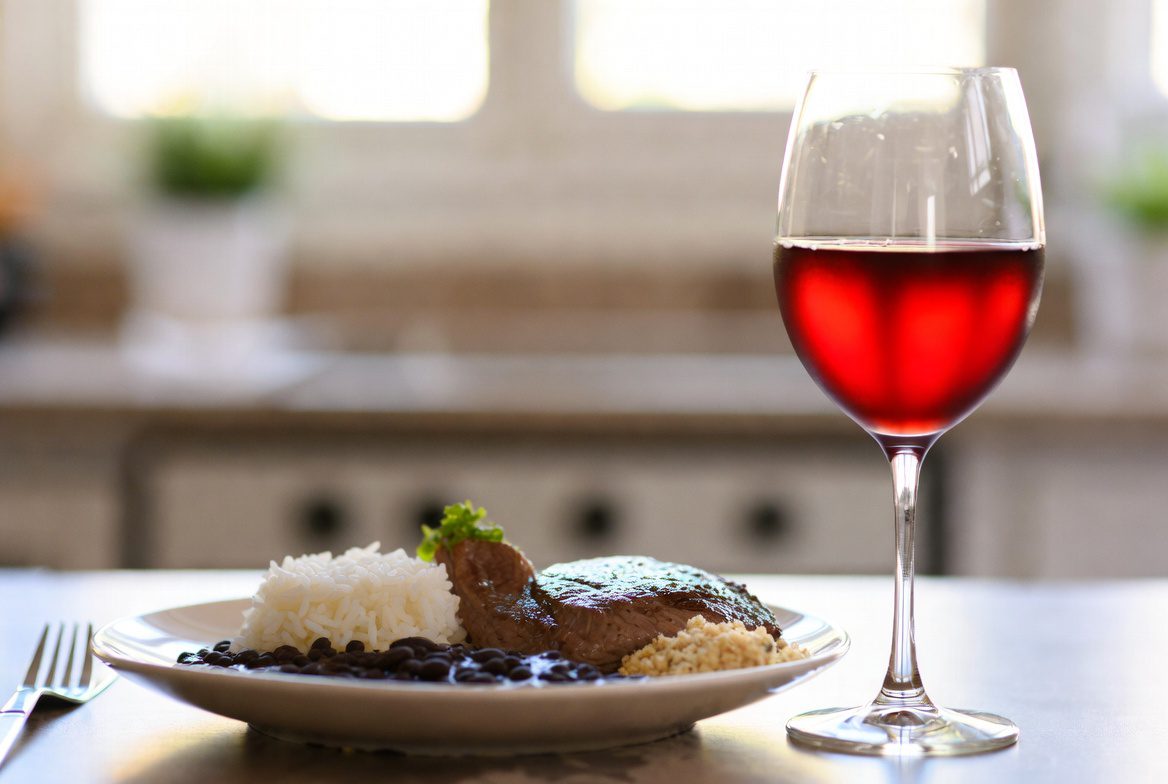 Como Harmonizar Vinho com comida brasileira: Prato de arroz e feijão com uma taça de vinho tinto.