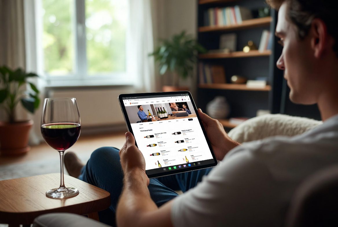 Comprar vinho online: consumidor pesquisando rótulos e ofertas em um tablet de forma segura