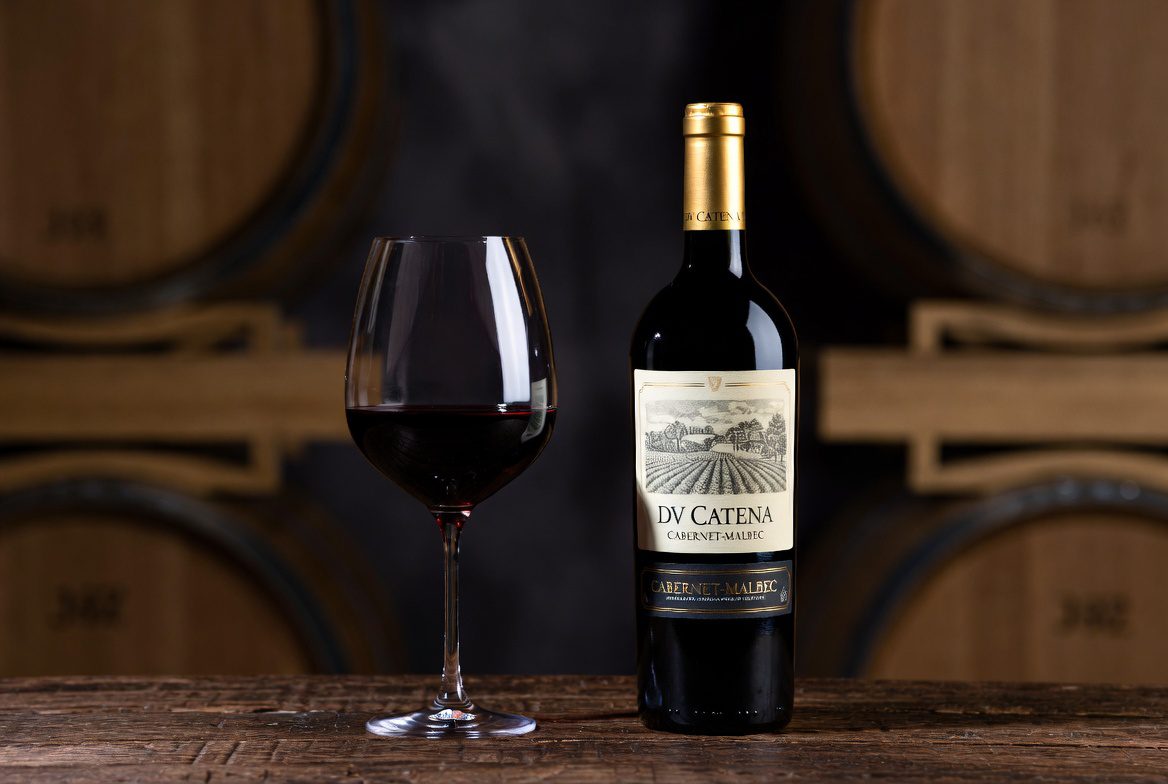 Vinho DV Catena Cabernet-Malbec em destaque com taça de cristal e barricas ao fundo