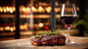 Um copo de vinho tinto ao lado de um prato de carne grelhada com alecrim em uma mesa de madeira rústica, ilustrando a harmonização perfeita.