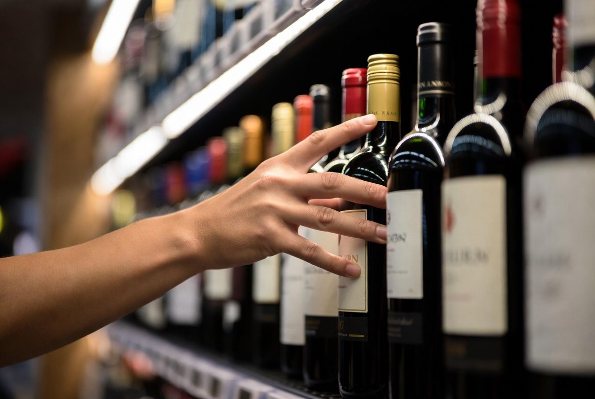 Pessoa escolhendo uma garrafa de vinho tinto na prateleira do supermercado.