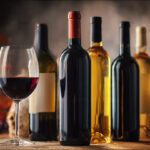 garrafas de vinho acessíveis sobre mesa com taça e iluminação aconchegante