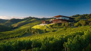 Paisagem panorâmica de vinhedos em patamares na Serra Gaúcha durante o verão, com luz solar dourada e montanhas ao fundo.