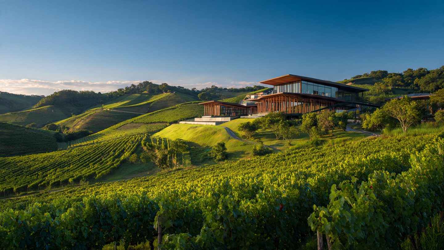 Paisagem panorâmica de vinhedos em patamares na Serra Gaúcha durante o verão, com luz solar dourada e montanhas ao fundo.