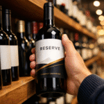 Uma mão escolhendo uma garrafa de vinho em uma prateleira moderna e bem iluminada, com foco no rótulo e preços competitivos ao fundo.