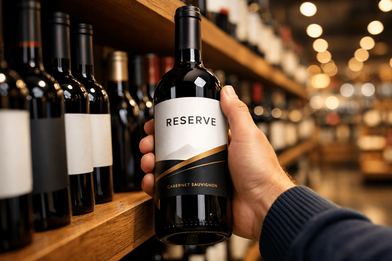 Uma mão escolhendo uma garrafa de vinho em uma prateleira moderna e bem iluminada, com foco no rótulo e preços competitivos ao fundo.