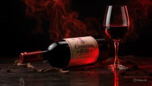Garrafa de Vinho Casillero del Diablo Cabernet Sauvignon em destaque sobre uma mesa de madeira escura com iluminação dramática e uma taça ao lado.