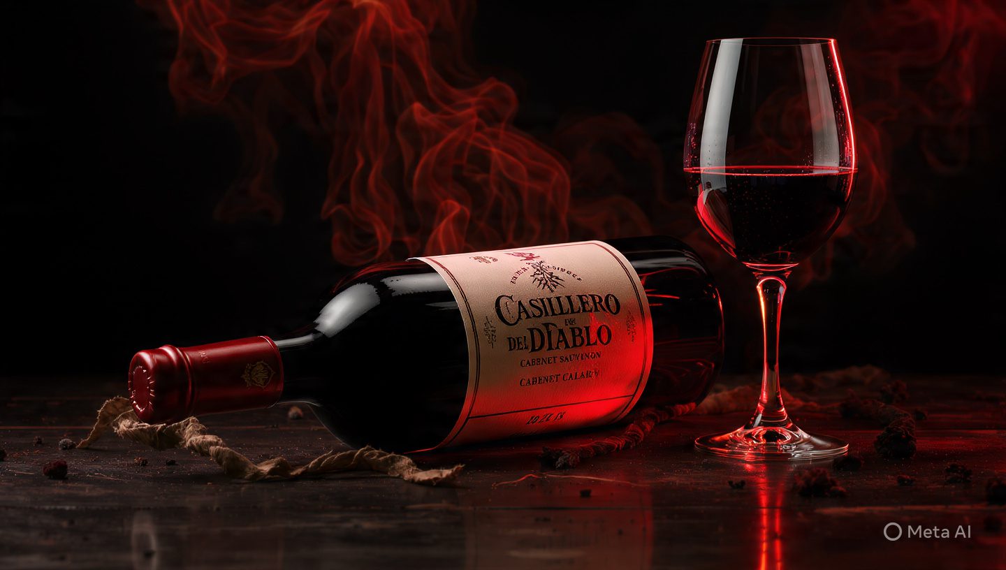 Garrafa de Vinho Casillero del Diablo Cabernet Sauvignon em destaque sobre uma mesa de madeira escura com iluminação dramática e uma taça ao lado.