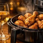 Uma taça de vinho branco ao lado de uma cesta de fritadeira a ar com coxinhas de frango douradas e crocantes, luz quente de cozinha moderna.