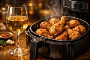 Uma taça de vinho branco ao lado de uma cesta de fritadeira a ar com coxinhas de frango douradas e crocantes, luz quente de cozinha moderna.