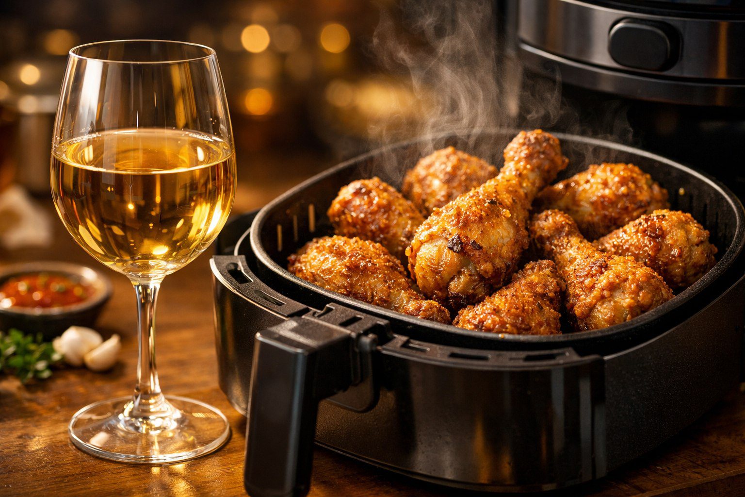 Uma taça de vinho branco ao lado de uma cesta de fritadeira a ar com coxinhas de frango douradas e crocantes, luz quente de cozinha moderna.