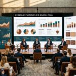 Painel de especialistas em um fórum profissional de bebidas discutindo tendências de mercado para 2026.