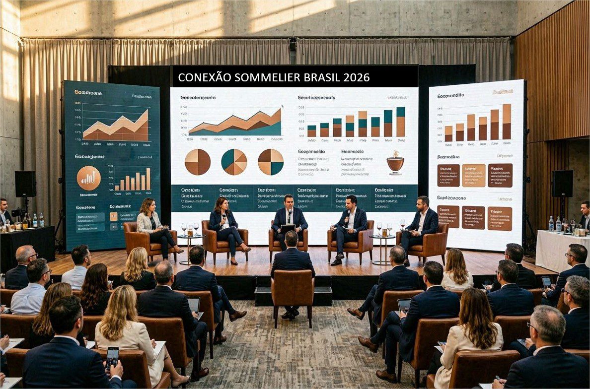 O Futuro do Consumo: Tendências do Mercado de Bebidas 2026 e a Nova Sommelieria 1 Painel de especialistas em um fórum profissional de bebidas discutindo tendências de mercado para 2026.