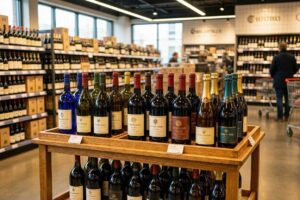 Carrinho de compras de supermercado com uma seleção de garrafas de vinho tinto e branco de bom custo-benefício.