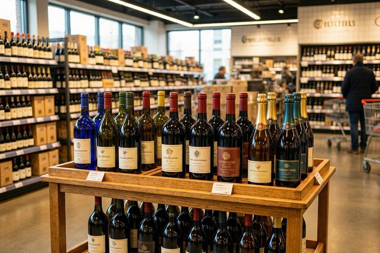 Melhores Vinhos Bons e Baratos de Supermercado: Guia Prático 1 Carrinho de compras de supermercado com uma seleção de garrafas de vinho tinto e branco de bom custo-benefício.