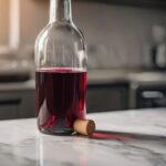 Uma garrafa de vinho tinto aberta com a rolha ao lado, em uma cozinha moderna e iluminada, sugerindo cuidado na preservação.