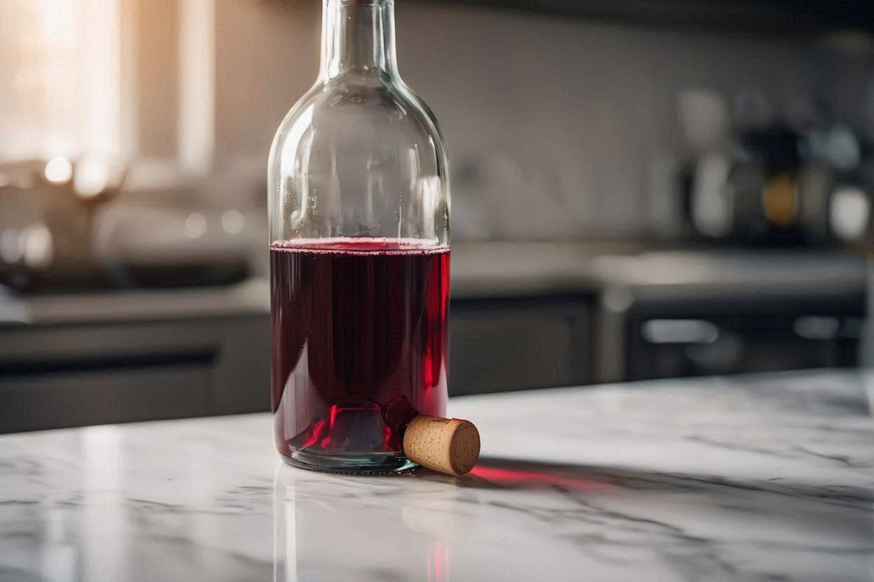 Uma garrafa de vinho tinto aberta com a rolha ao lado, em uma cozinha moderna e iluminada, sugerindo cuidado na preservação.