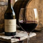 Uma taça de vinho tinto Malbec encorpado ao lado de uma garrafa argentina em um ambiente elegante de adega