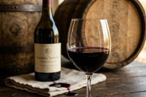 Uma taça de vinho tinto Malbec encorpado ao lado de uma garrafa argentina em um ambiente elegante de adega