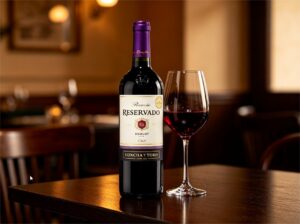 Vinho Reservado Concha y Toro é Bom? Vale a Pena Comprar? 9 Uma garrafa de vinho chileno Reservado Concha y Toro ao lado de uma taça cheia em uma mesa de jantar.