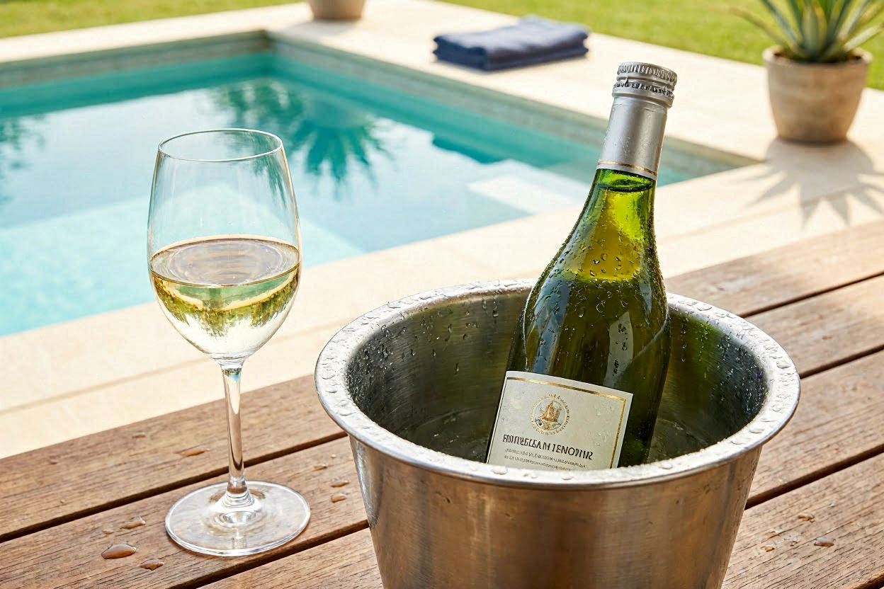 Vinho Sauvignon Blanc Chileno: Por que Ele Vale Tanto a Pena? 6 Garrafa de vinho branco Sauvignon Blanc chileno em um balde de gelo na beira da piscina em um dia ensolarado.