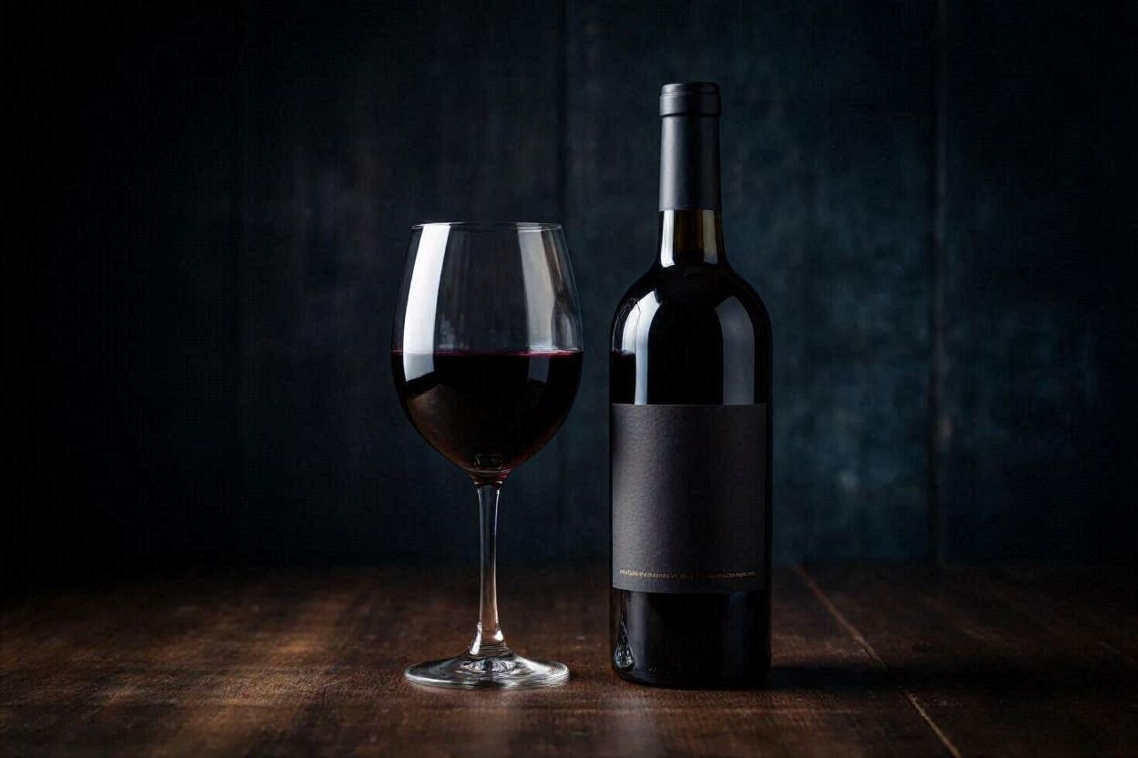 Uma garrafa de vinho Tannat uruguaio ao lado de uma taça com vinho tinto de cor muito escura e intensa.