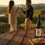 Casal brindando com vinho tinto em um deck de madeira com vista para os vinhedos nas montanhas do interior de São Paulo.