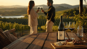 Casal brindando com vinho tinto em um deck de madeira com vista para os vinhedos nas montanhas do interior de São Paulo.