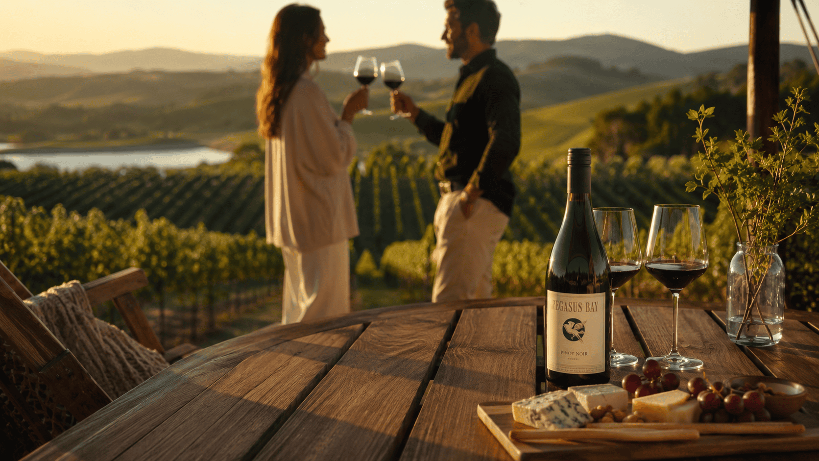 Casal brindando com vinho tinto em um deck de madeira com vista para os vinhedos nas montanhas do interior de São Paulo.
