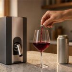 Taça de vinho tinto sendo servida diretamente da torneira de uma embalagem de vinho bag in box de supermercado na bancada da cozinha.