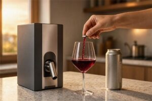 Taça de vinho tinto sendo servida diretamente da torneira de uma embalagem de vinho bag in box de supermercado na bancada da cozinha.
